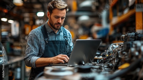 engineer in work uniform using laptop in car factory managing supply chain and ordering car parts.image