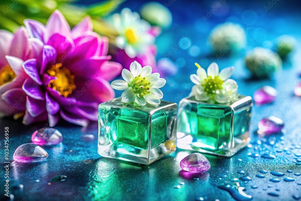 Ice-like diamonds sparkle on a flowing canvas, adorned with vibrant blooms. Ice-like diamonds sparkle on a flowing canvas, adorned with vibrant blooms.
