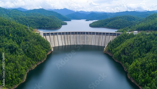 Aerial view of a dam surrounded by lush green hills and calm waters, showcasing nature's beauty and engineering marvel.