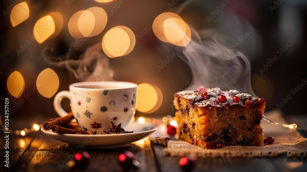 Traditional Fruit Cake Dense with Fruit and Spices Accompanied by Tea Traditional Fruit Cake Dense with Fruit and Spices Accompanied by Tea