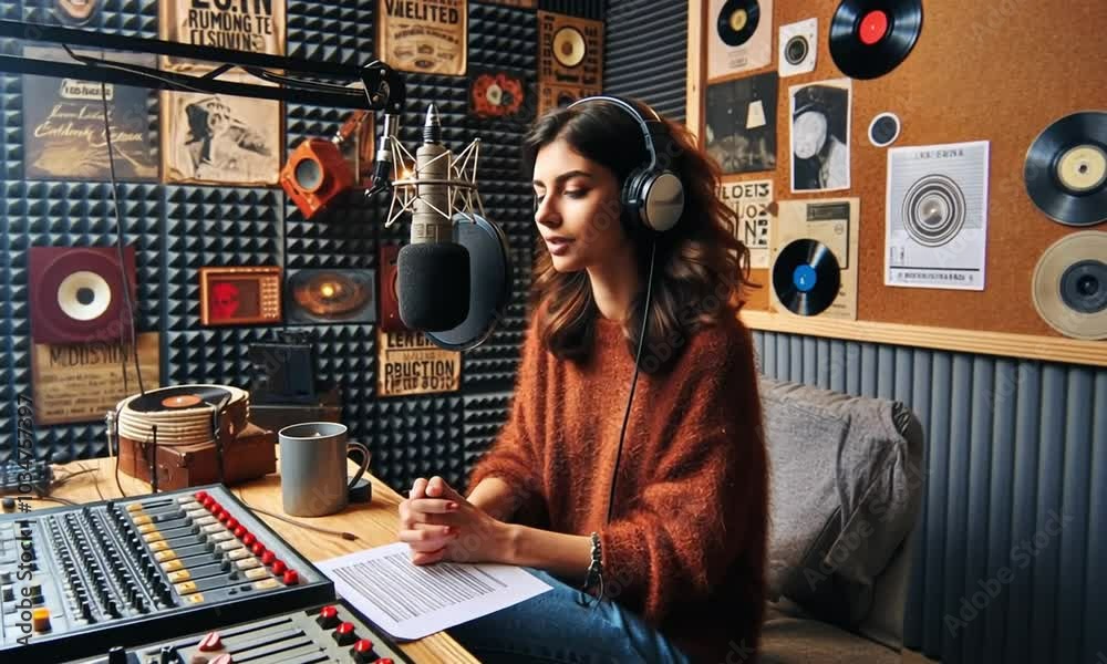 Female Radio Presenter Broadcaster in The Studio Female Radio Presenter Broadcaster in The Studio