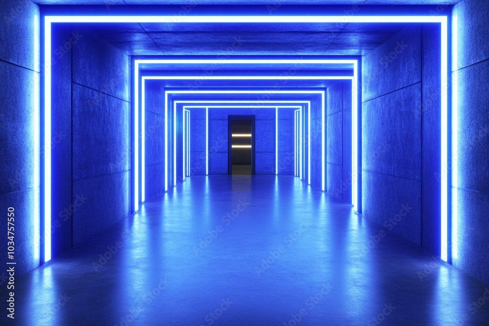 Futuristic Hallway with Blue Neon Lights and Concrete Walls Futuristic Hallway with Blue Neon Lights and Concrete Walls