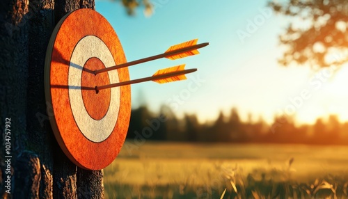 A bullseye target with arrows embedded, set against a serene outdoor backdrop illuminated by the evening sun.