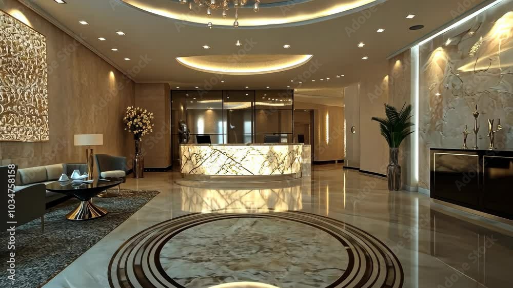 A modern hotel lobby with a marble floor and a reception desk in the background