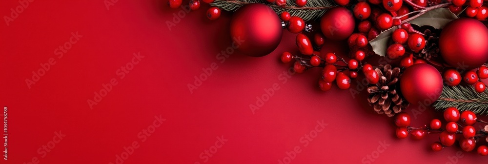Festive Red Ornaments and Berries on Christmas Background Festive Red Ornaments and Berries on Christmas Background