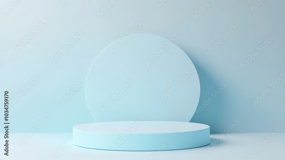 Blue Cylinder Platform with a Circle Behind it on a Light Blue Background Blue Cylinder Platform with a Circle Behind it on a Light Blue Background