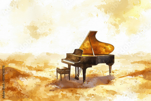 A grand piano sits solo in a golden, ethereal landscape, evoking feelings of serenity and creativity.