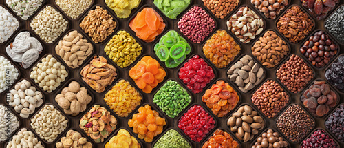 Canvas Print assorted nuts and dried fruits, colorful food background.