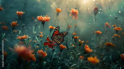 Butterfly on Orange Flowers in a Summer Garden