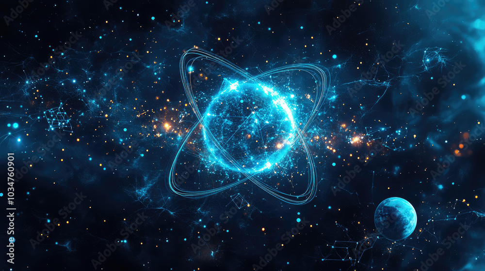 Electrons and atoms in the universe. Technology concept Electrons and atoms in the universe. Technology concept