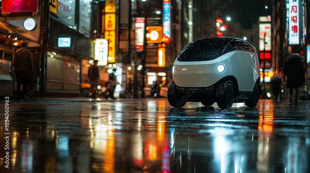 Futuristic robot taxi navigates vibrant neon-lit street at night in the rain