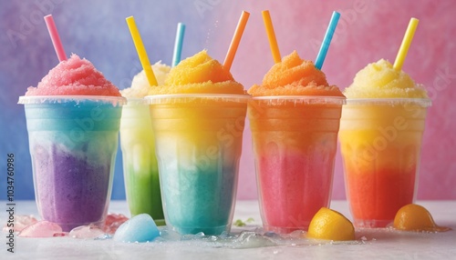 Colorful slushie drinks with straws in plastic cups, summer refreshment concept