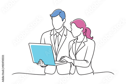 Man and woman in professional clothing, both examining a laptop together isolated continuous line art flat vector illustration on white background.