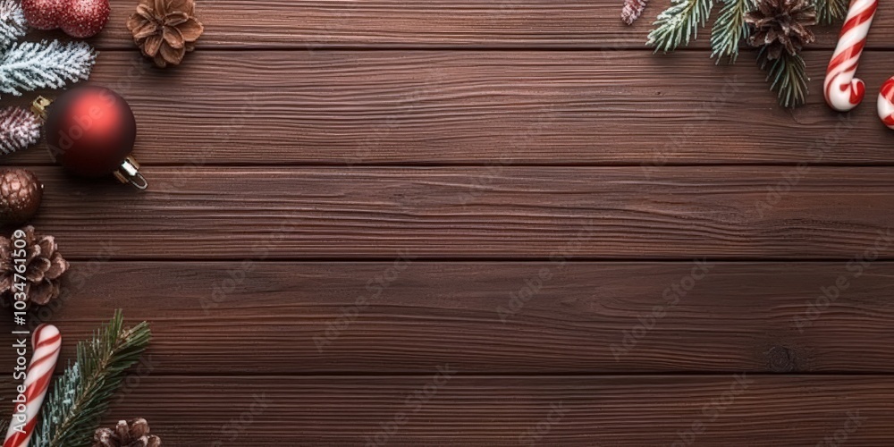 Festive Holiday Decorations on Rustic Wooden Surface