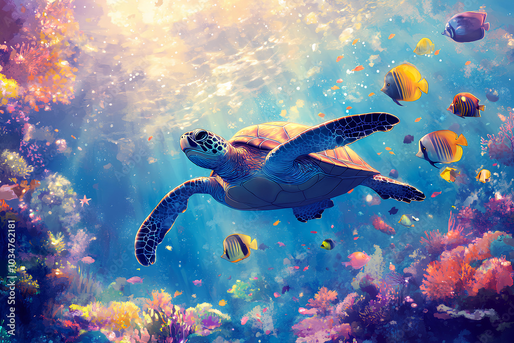 turtle with group of colorful fish and sea animal with colorful coral under sea water turtle with group of colorful fish and sea animal with colorful coral under sea water