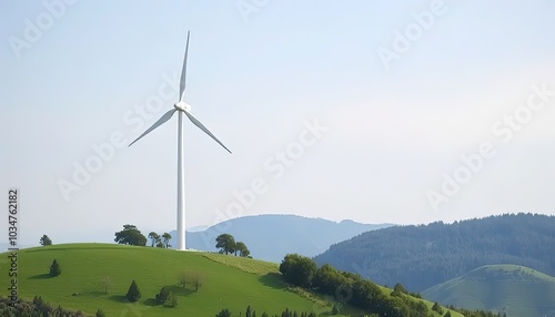 Wind turbine, isolated, on the top of a green hill. Copy space