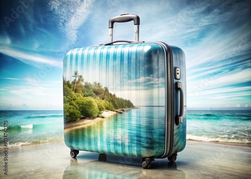 Light Blue Striped Suitcase: A Stunning Double Exposure for Travel and Vacation Inspiration photo