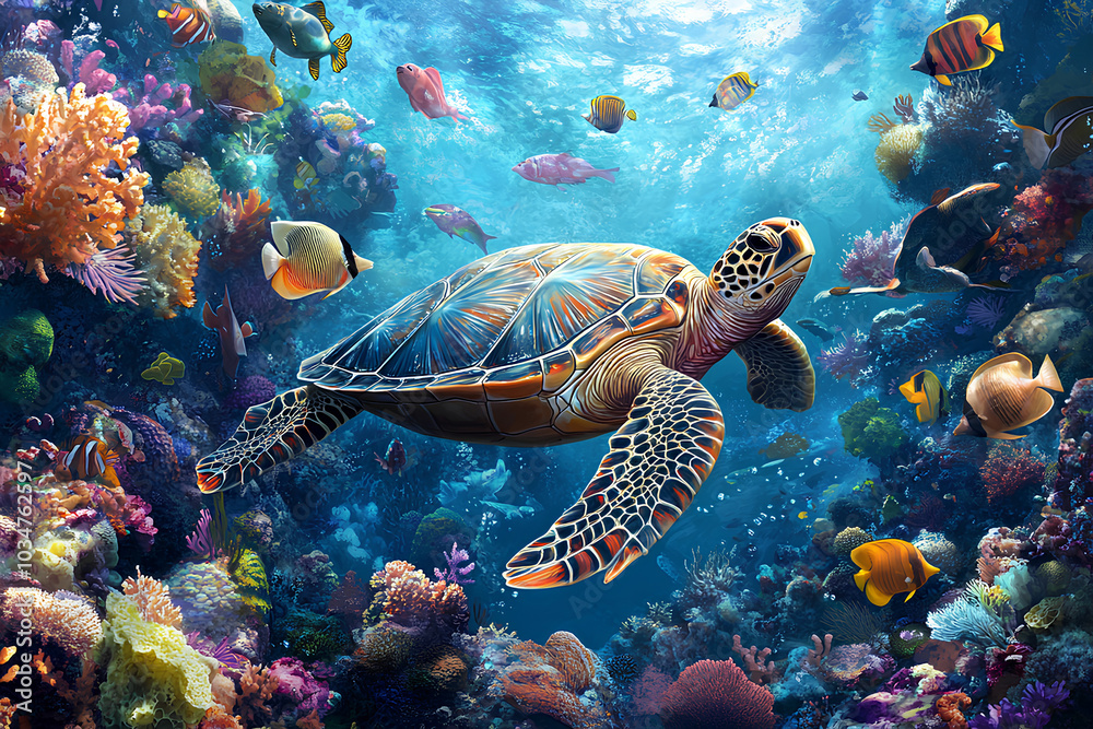Obraz premium turtle with group of colorful fish and sea animal with colorful coral under sea water