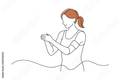 Woman applying a bandage to her arm, showcasing care and attention to her injury isolated continuous line art flat vector illustration on white background.