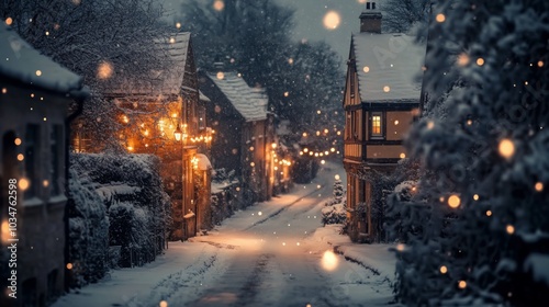 Fototapeta Naklejka Na Ścianę i Meble -  A snow-covered street in a small European town, lined with houses adorned with Christmas lights, gleams under the falling snow.