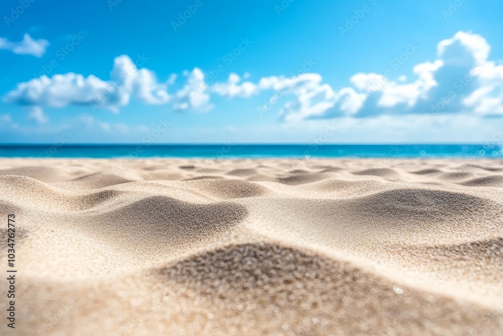 Close-up of white sand on a beach with a clear blue sky and ocean in the background. Close-up of white sand on a beach with a clear blue sky and ocean in the background.
