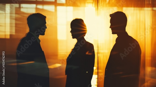 Light and shadow silhouettes of business professionals engaging in teamwork, abstract double exposure