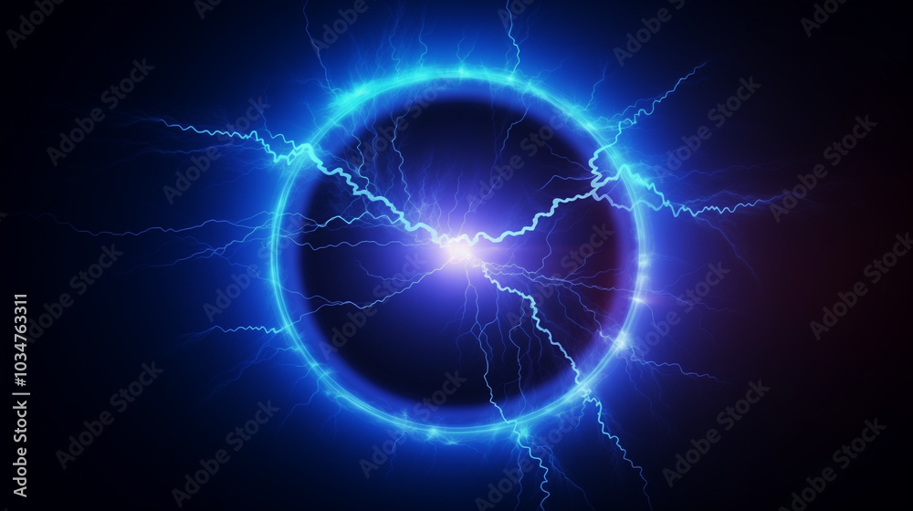 A striking visual of vibrant blue lightning bolts emerging from a circular core, creating an electrifying atmosphere against a dark backdrop A striking visual of vibrant blue lightning bolts emerging from a circular core, creating an electrifying atmosphere against a dark backdrop