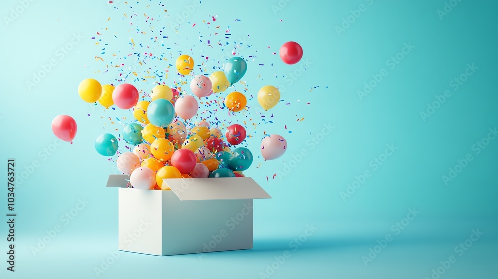 Colorful balloons burst out of a white box against a teal background. Colorful balloons burst out of a white box against a teal background.