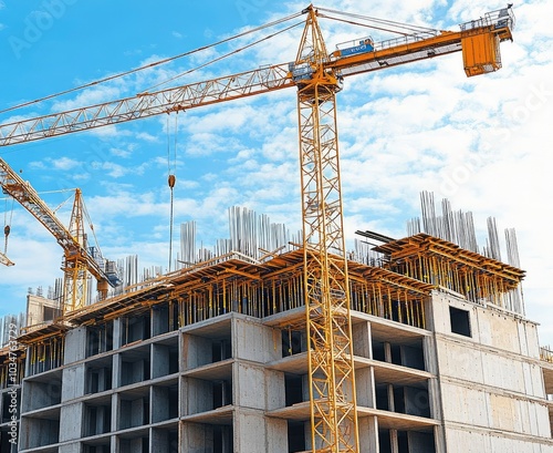 Multiple yellow cranes working on large urban construction site towering above ongoing building project with blue sky in background. Infrastructure growth and modern cityscape.