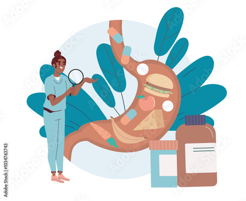 Doctor analyzes stomach. Woman in medical uniform with magnifying glass evaluates contents of stomach. Healthcare and medicine. Diagnosis and treatment. Flat vector illustration