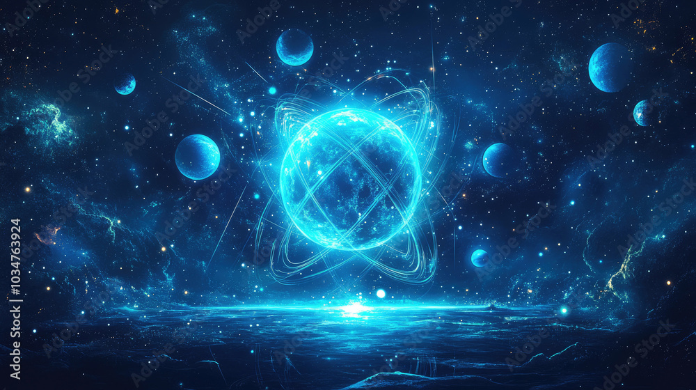 Fototapeta premium Electrons and atoms in the universe. Technology concept