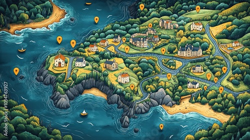 illustrated map with pins and roads highlighting locations and routes.illustration