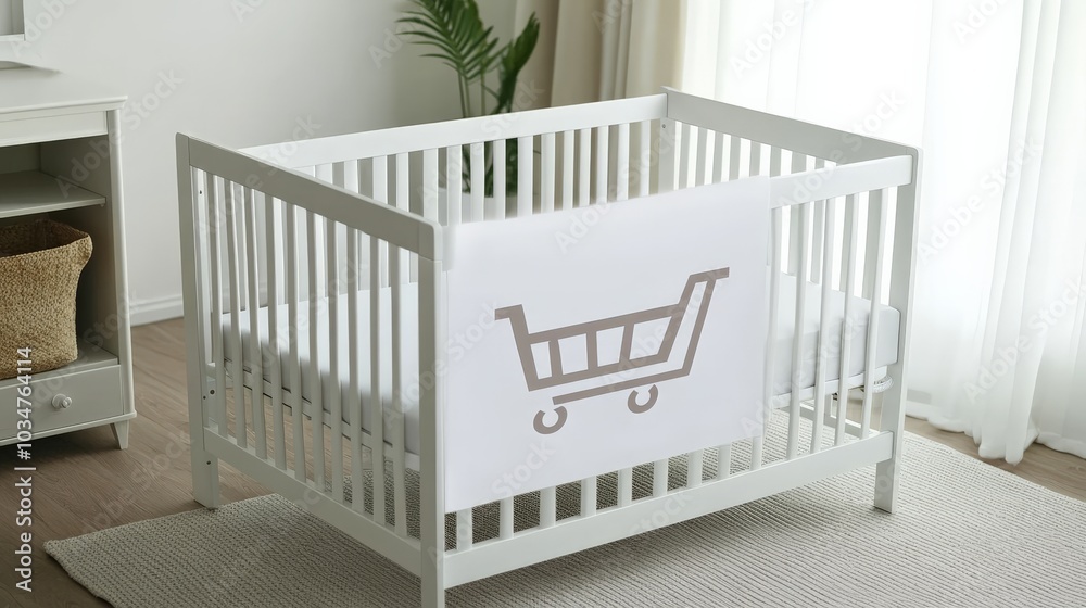 Cozy Nursery with Minimalist Crib and Shopping Cart Icon Cozy Nursery with Minimalist Crib and Shopping Cart Icon
