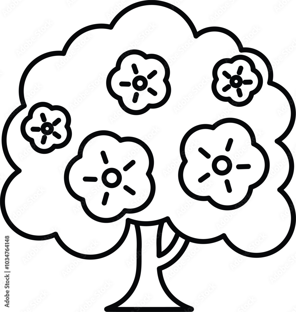 A tree with white and black flowers is drawn in a cartoon style A tree with white and black flowers is drawn in a cartoon style