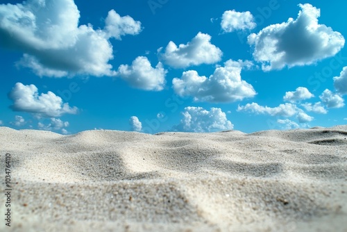 A vast expanse of white sand dunes stretches out under a bright blue sky dotted with fluffy white clouds.