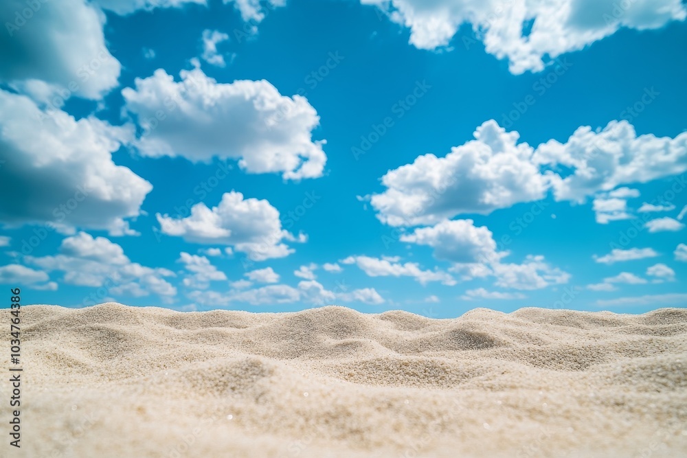 A sandy beach with white sand under a blue sky with white clouds. A sandy beach with white sand under a blue sky with white clouds.