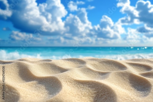 Closeup of soft, white sand on a tropical beach with blue ocean and sky in the background.