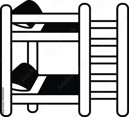 A cartoon bed with a white and black pillow and a blanket