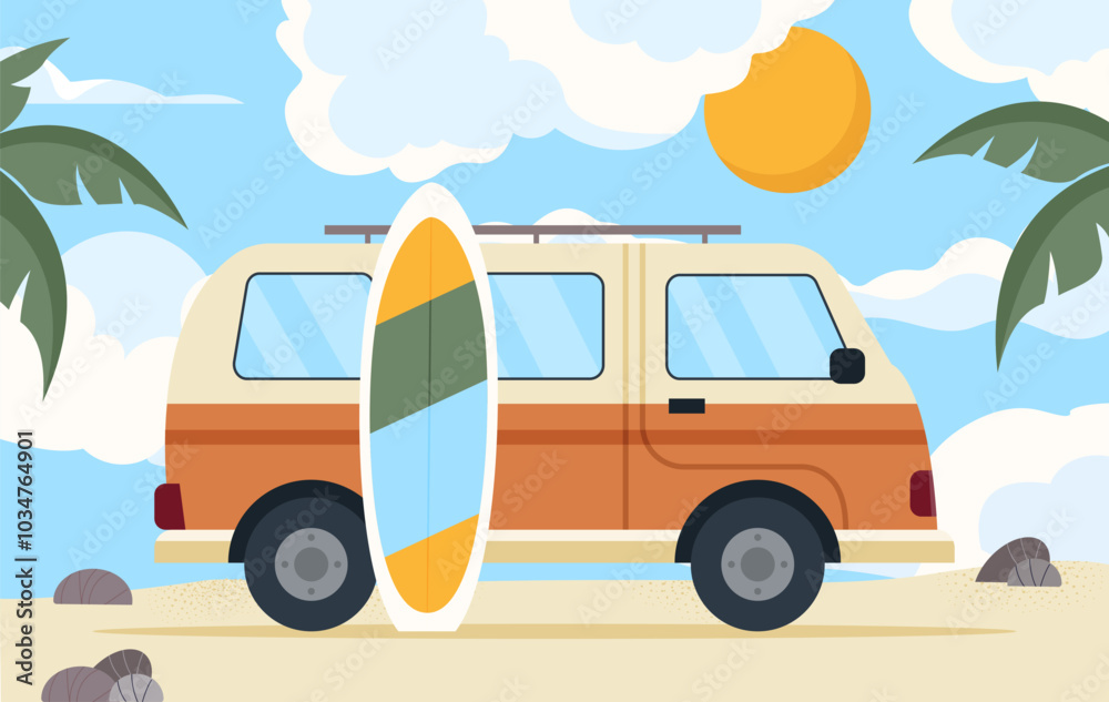 Summer vacation concept. Van with surfboard at beach. travel and tourism. Holiday and vacation in tropical countries. Trip to coastline and sand beach. Flat vector illustration Summer vacation concept. Van with surfboard at beach. travel and tourism. Holiday and vacation in tropical countries. Trip to coastline and sand beach. Flat vector illustration