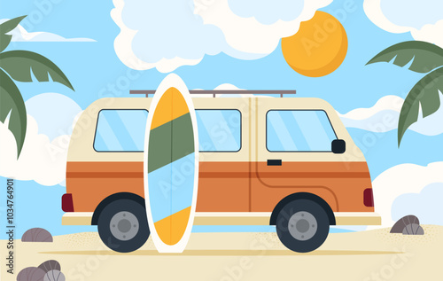 Summer vacation concept. Van with surfboard at beach. travel and tourism. Holiday and vacation in tropical countries. Trip to coastline and sand beach. Flat vector illustration