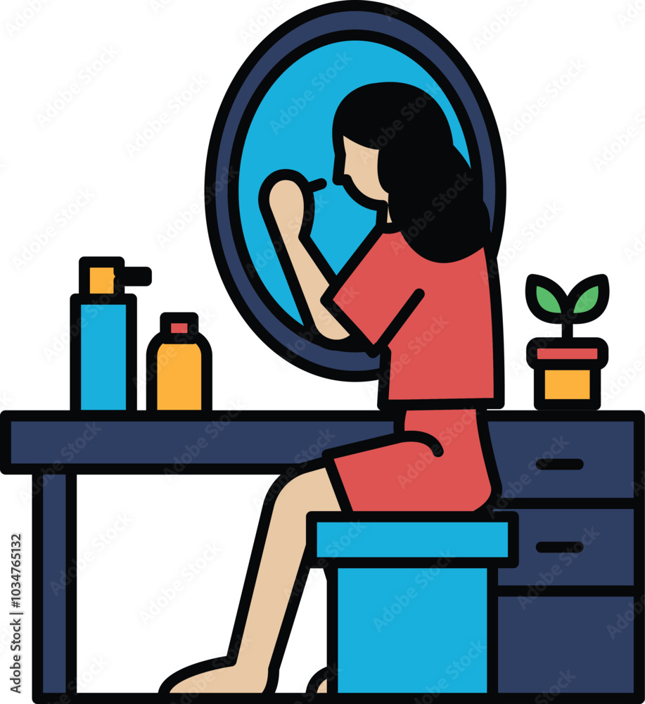 A woman is sitting at a desk with a mirror in front of her A woman is sitting at a desk with a mirror in front of her