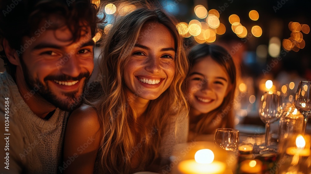 A family enjoys a delightful evening dinner filled with laughter and smiles, surrounded by warm candlelight and soft glows, creating a cozy atmosphere. A family enjoys a delightful evening dinner filled with laughter and smiles, surrounded by warm candlelight and soft glows, creating a cozy atmosphere.