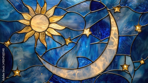 Stained Glossy glass depicting the moon, shinning stars, and shining sun in blue tones with shinning gold accents, a celestial design