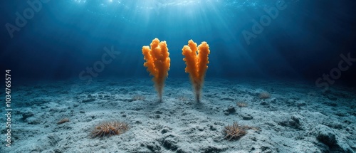 A surreal underwater volcanic vent area with unique hydrothermal features and vibrant marine life