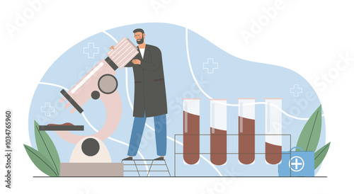 Man with test tubes. Young guy with microscope near test tubes with reagents. Chemical research of substance in laboratory. Science experiment. Flat vector illustration isolated on white background