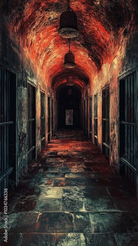 Dark and obscure prison, realistic image, in high definition, panoramic with all the splendour, insanely detailed and intricate photo