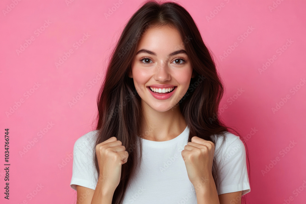 Young woman waving fists to celebrate victory Young woman waving fists to celebrate victory