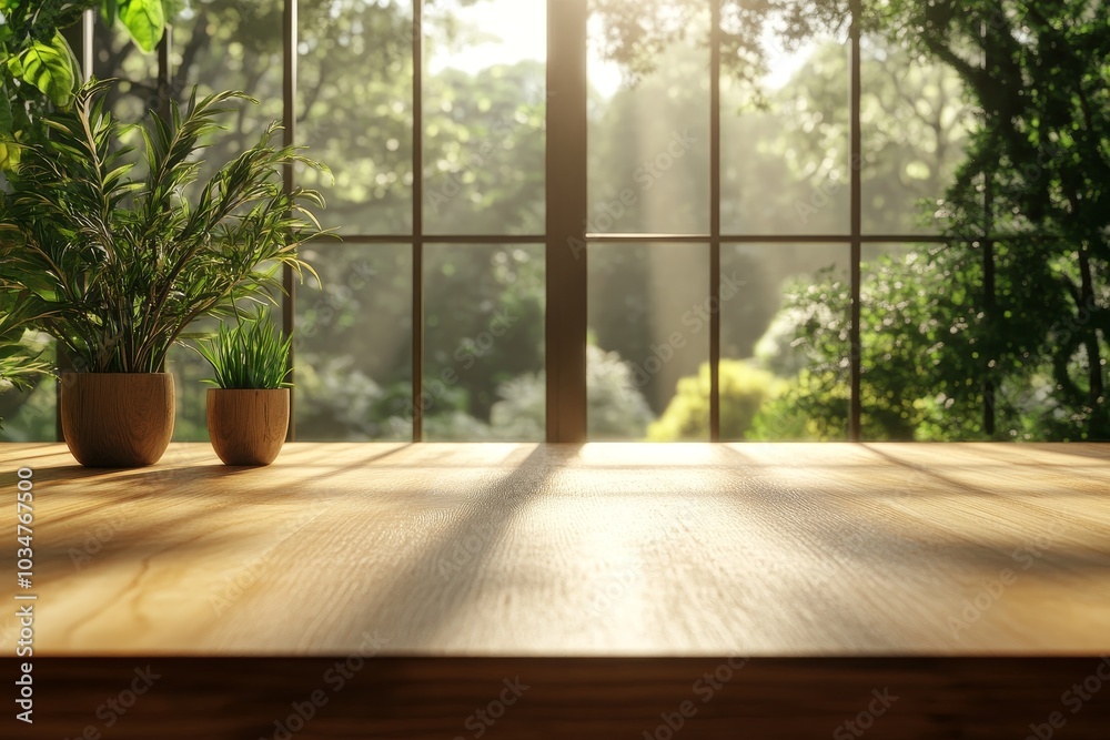 Wooden table with potted plants near a window overlooking a lush green forest. Wooden table with potted plants near a window overlooking a lush green forest.