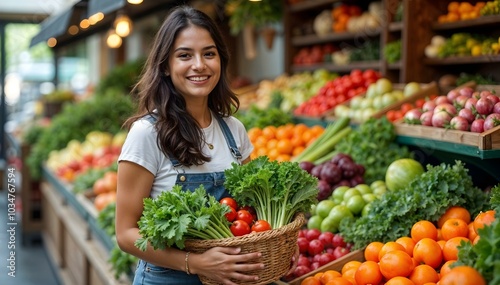 Young woman holding a basket and buying fresh produce at the farmers market