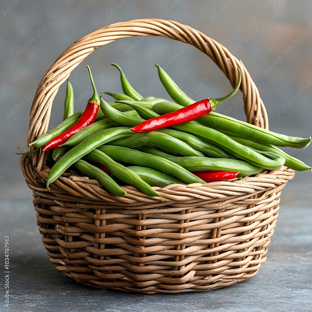 A woven basket filled with fresh green beans and vibrant red chili peppers against a softly blurred background. A woven basket filled with fresh green beans and vibrant red chili peppers against a softly blurred background.